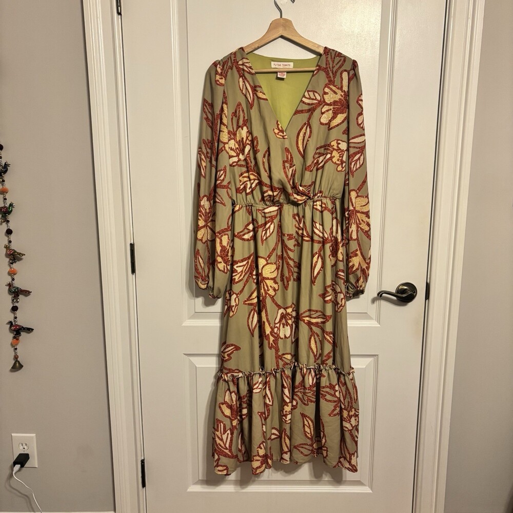 Flying Tomato Women's‎ Green Red Floral Maxi Dress V Neck Balloon Sleeve L